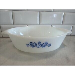 Vintage Fire King Casserole Dish Round Anchor Hocking Blue Floral 2 Qt USA Made